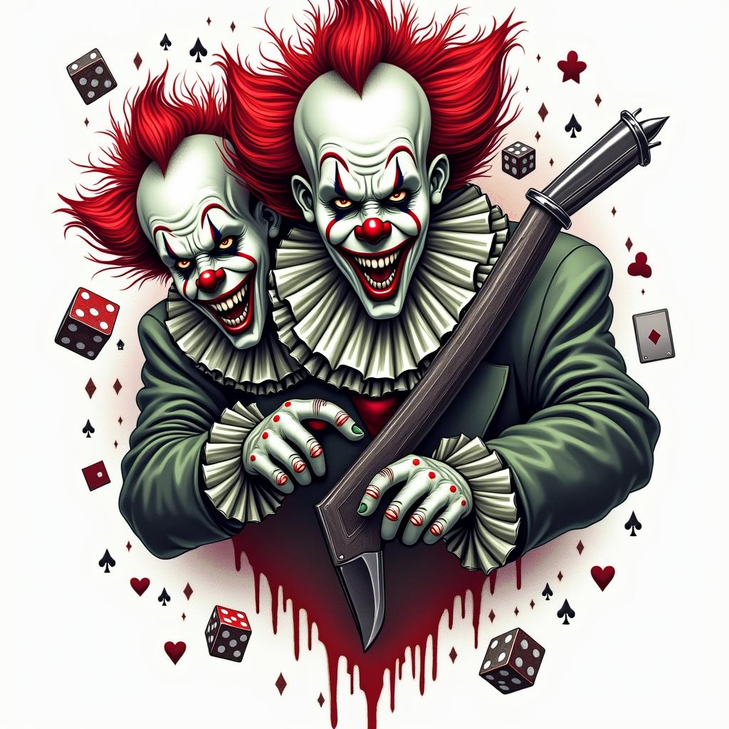A chilling design featuring 2-3 scary killer clowns, wielding knives and guns, surrounded by playing cards and dice, all in a dark and twisted style, emphasizing vibrant colors like red and green for contrast, evoking feelings of fear and thrill.higly detailed tattoo - Variation 4