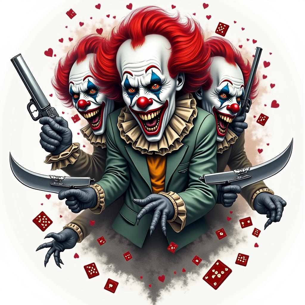 A chilling design featuring 2-3 scary killer clowns, wielding knives and guns, surrounded by playing cards and dice, all in a dark and twisted style, emphasizing vibrant colors like red and green for contrast, evoking feelings of fear and thrill.higly detailed tattoo