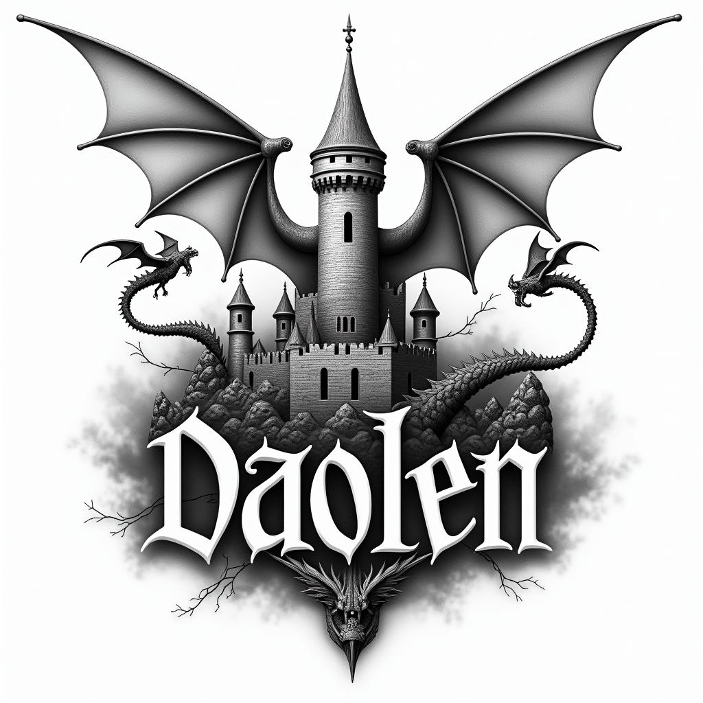 Castle with dragons flying an gargoyle text-based tattoo, gothic font ultra-realistic, perfectly placed, high-quality font design, photo-realistic shading, 8k, high quality, finely detailed typography - Variation 3