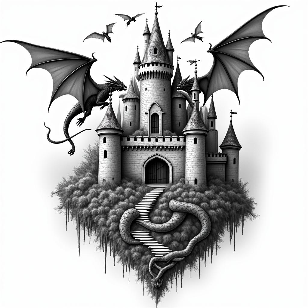Castle with dragons flying an gargoyle text-based tattoo, gothic font ultra-realistic, perfectly placed, high-quality font design, photo-realistic shading, 8k, high quality, finely detailed typography