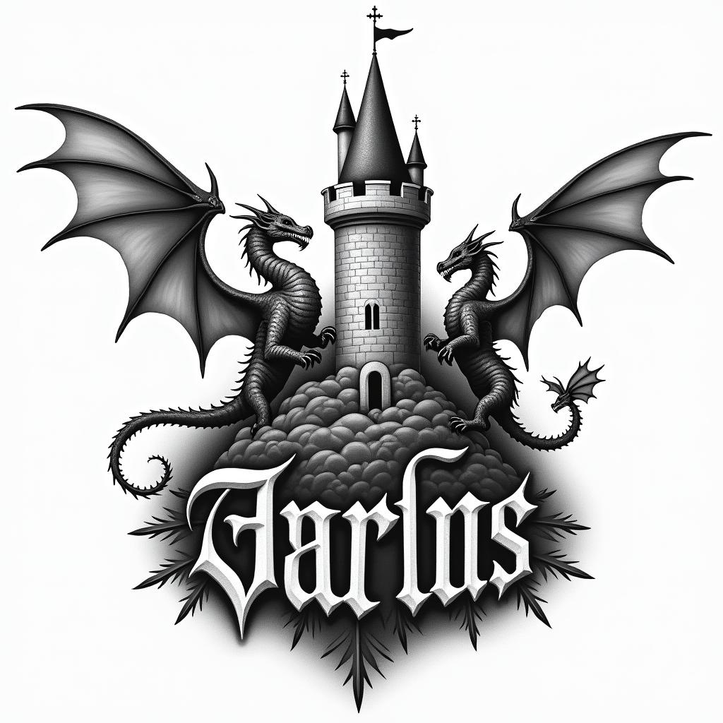 Castle with dragons flying an gargoyle text-based tattoo, gothic font ultra-realistic, perfectly placed, high-quality font design, photo-realistic shading, 8k, high quality, finely detailed typography - Variation 4