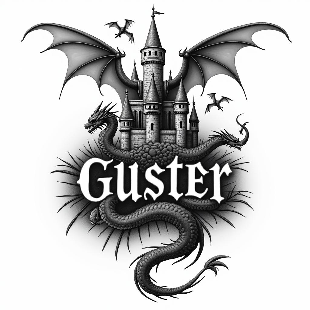 Castle with dragons flying an gargoyle text-based tattoo, gothic font ultra-realistic, perfectly placed, high-quality font design, photo-realistic shading, 8k, high quality, finely detailed typography - Variation 2