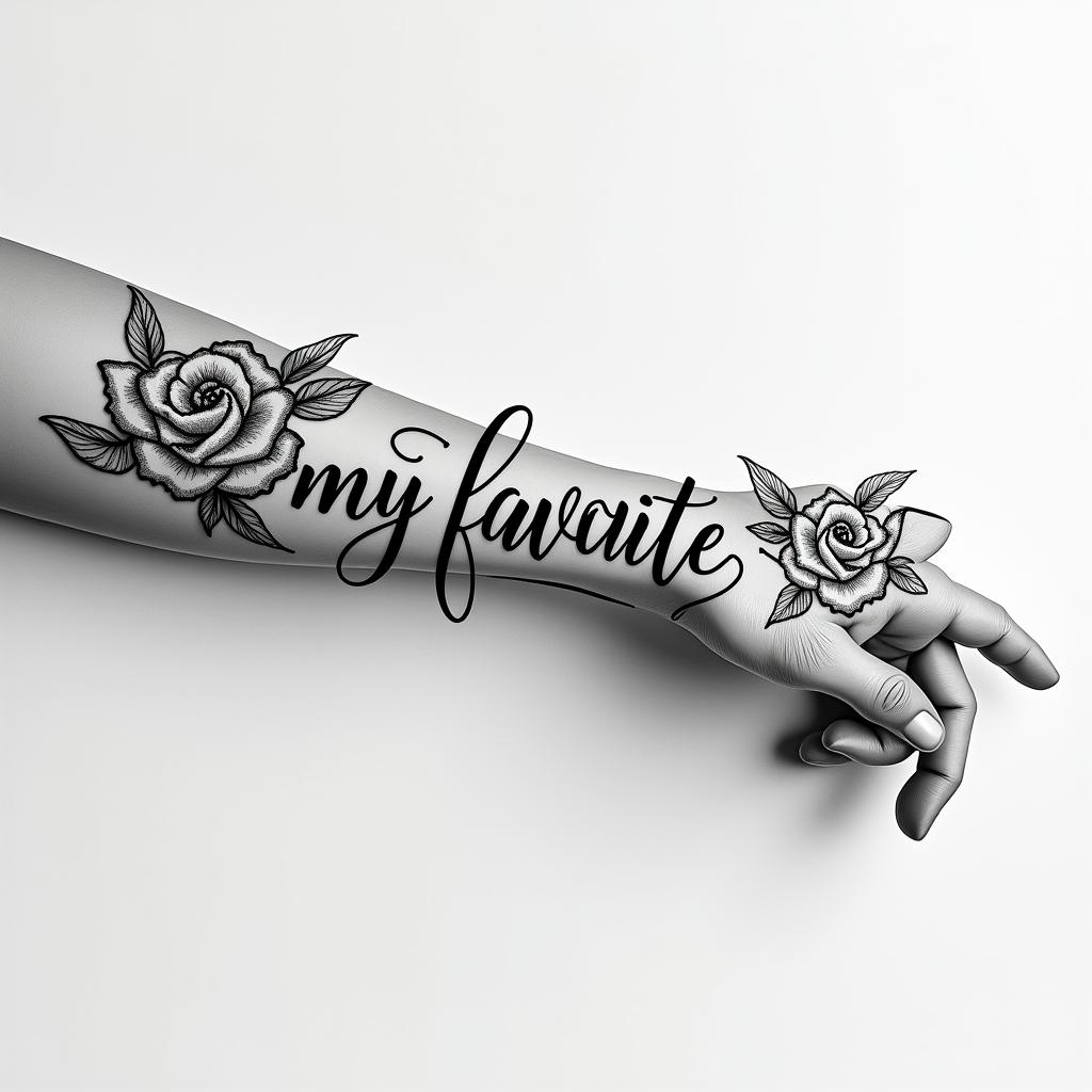 Words “my favorite personin elegant cursive calligraphy style 2d tattoo, decorate with roses, featuring a smooth and flowing handwritten script with slightly thickened strokes for a luxurious and bold appearance,  heart symbol between names,  sleek and glossy black text with shadowing, minimalist matte white background, clean and sharp edges, illuminated with soft lighting, romantic, 8k, high-quality textures with refined typography - Variation 11
