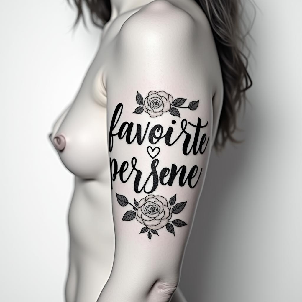 Words “my favorite personin elegant cursive calligraphy style 2d tattoo, decorate with roses, featuring a smooth and flowing handwritten script with slightly thickened strokes for a luxurious and bold appearance,  heart symbol between names,  sleek and glossy black text with shadowing, minimalist matte white background, clean and sharp edges, illuminated with soft lighting, romantic, 8k, high-quality textures with refined typography - Variation 10