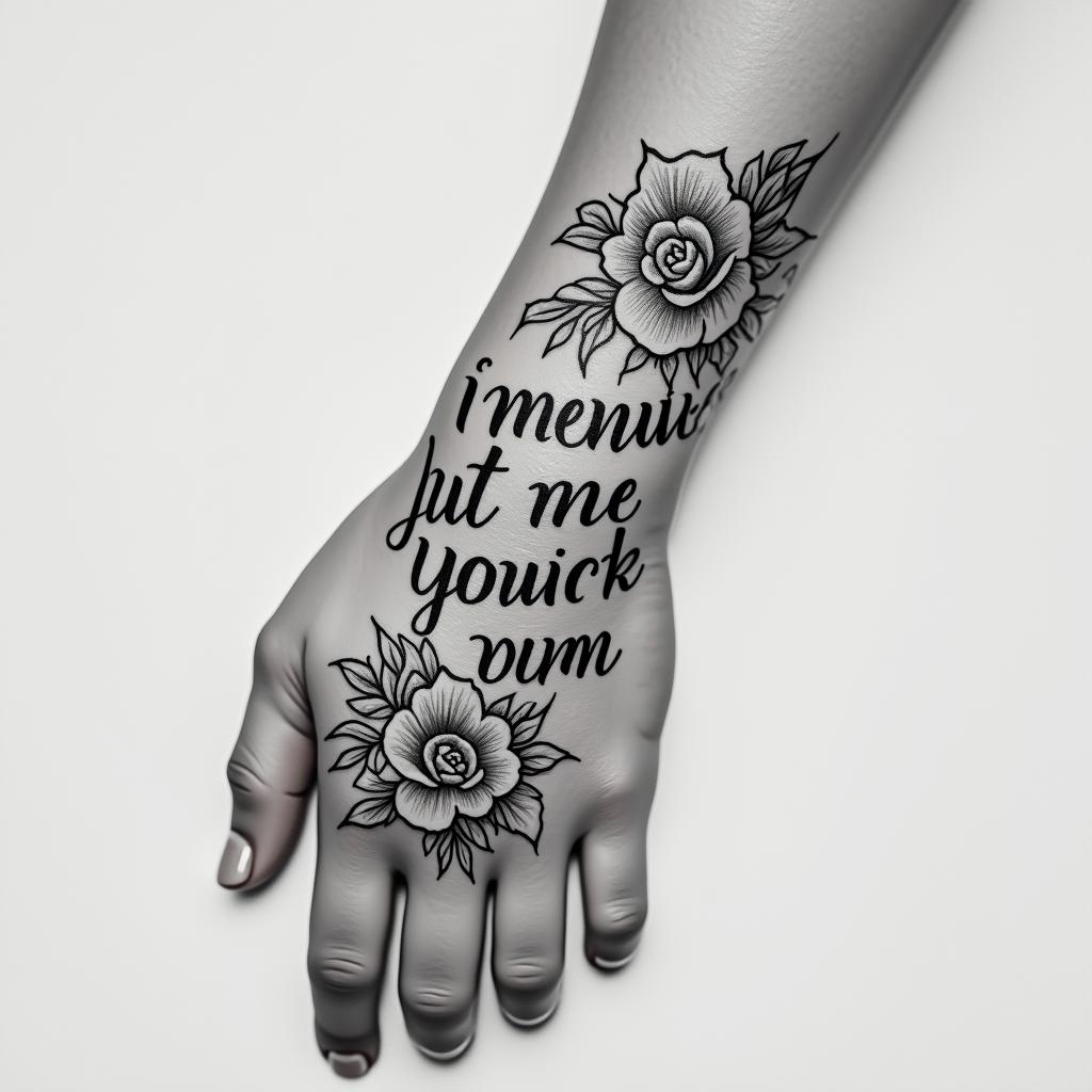 Words “my favorite personin elegant cursive calligraphy style 2d tattoo, decorate with roses, featuring a smooth and flowing handwritten script with slightly thickened strokes for a luxurious and bold appearance,  heart symbol between names,  sleek and glossy black text with shadowing, minimalist matte white background, clean and sharp edges, illuminated with soft lighting, romantic, 8k, high-quality textures with refined typography - Variation 8