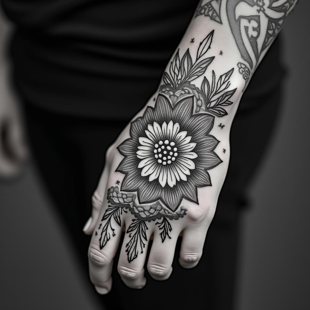 Bélier horloge 6h10 plume cancerin ornamental tattoo style, featuring intricate symmetrical patterns and floral designs, showcasing highly detailed line work and geometric shapes, creating a sense of elegance and balance