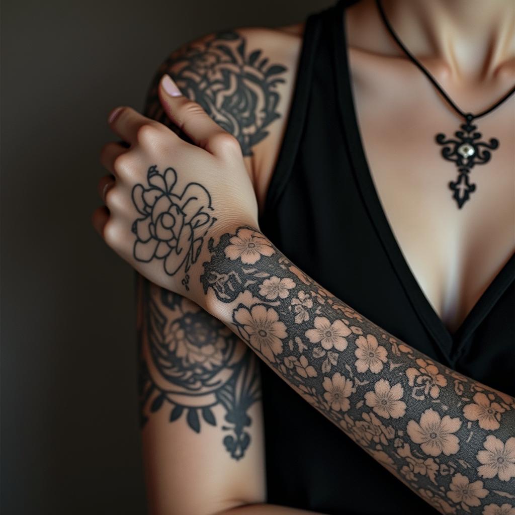 Ornamental designin victorian style tattoo, featuring vintage and elegant elements, ornate frames, roses, antique, sepia-toned color scheme