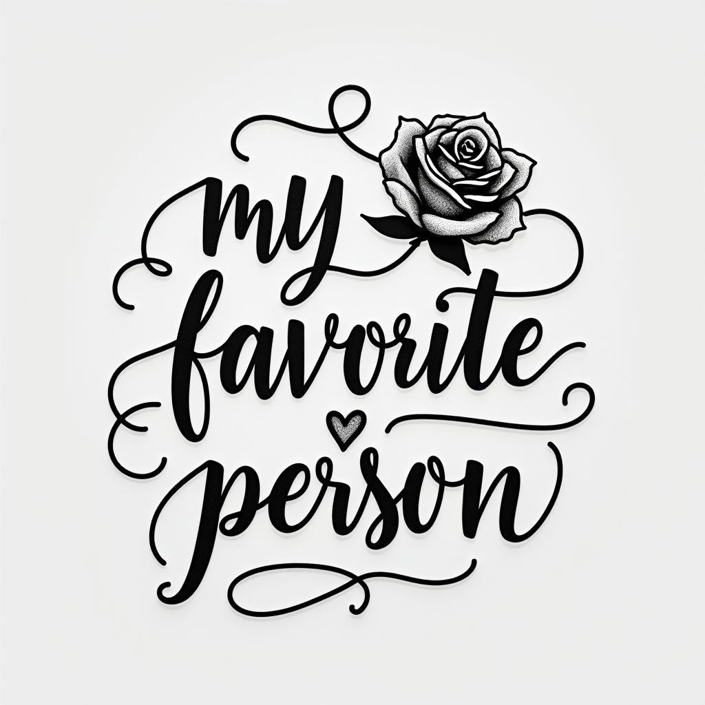 Words “my favorite personin elegant cursive calligraphy style 2d tattoo, decorate with roses, featuring a smooth and flowing handwritten script with slightly thickened strokes for a luxurious and bold appearance,  heart symbol between names,  sleek and glossy black text with shadowing, minimalist matte white background, clean and sharp edges, illuminated with soft lighting, romantic, 8k, high-quality textures with refined typography - Variation 7