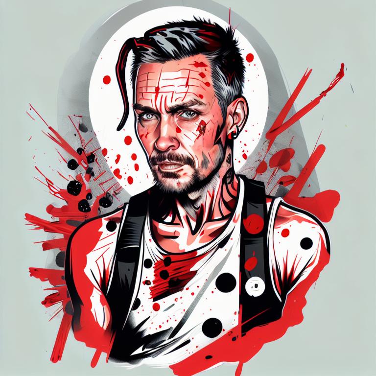 trash polka tattoo style, showcasing bold black and red ink with dynamic brush strokes and splatters. Incorporates abstract elements and expressive, chaotic lines on a solid white background. Detailed design with a high-contrast soft colored near white toned look, blending realism and abstraction to create an intense visual impactundefined - Variation 18