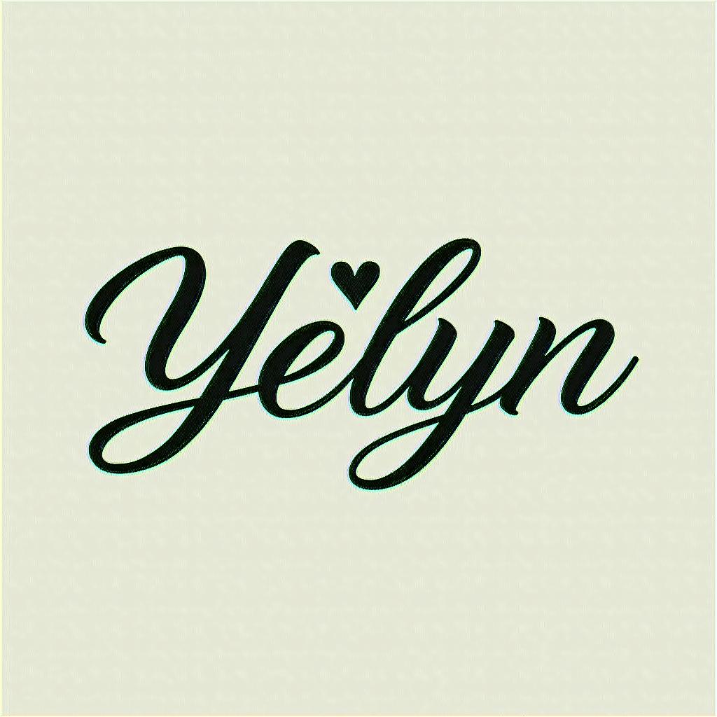 Yeslynin elegant cursive calligraphy style 2d tattoo, decorate with roses, featuring a smooth and flowing handwritten script with slightly thickened strokes for a luxurious and bold appearance,  heart symbol between names,  sleek and glossy black text with shadowing, minimalist matte white background, clean and sharp edges, illuminated with soft lighting, romantic, 8k, high-quality textures with refined typography - Variation 4
