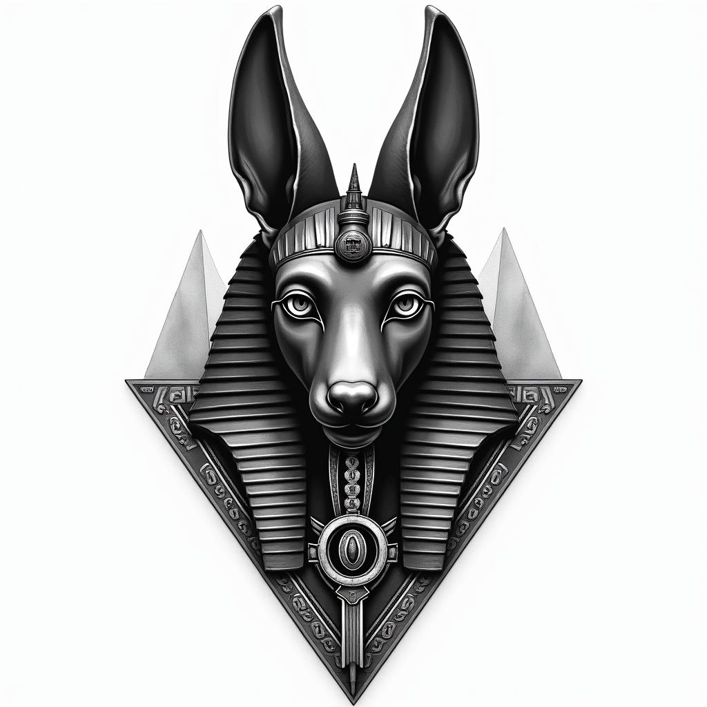 I want Anubis with the key of Hank and the eye of Osiris, with the pyramid of Giza and a pharaoh's sarcophagus.in egyptian style tattoo, bold elements of ancient egyptian culture including a portrait of an Egyptian pharaoh with detailed facial features, in hieroglyphs and symbolic imagery, eye of horus, ankh symbol, scarab beetle
