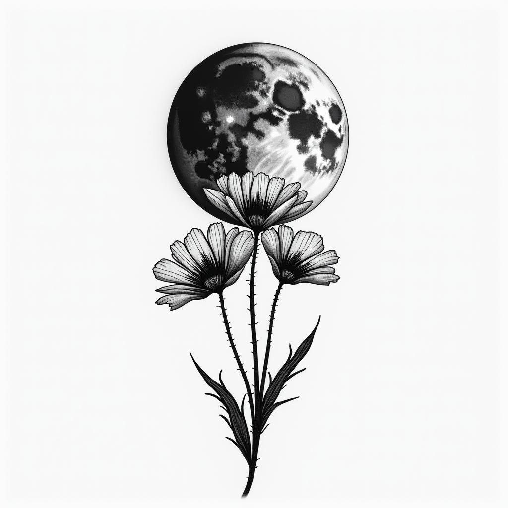 Poppy moon phaseshigly detailed tattoo - Variation 2