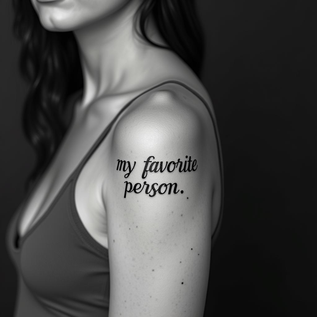 Words “my favorite personminimalist text-based tattoo, Monospace font ultra-realistic, perfectly placed, high-quality font design, photo-realistic shading, 8k, high quality, finely detailed typograph