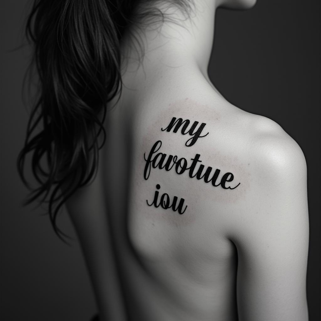 Words “my favorite personminimalist text-based tattoo, Monospace font ultra-realistic, perfectly placed, high-quality font design, photo-realistic shading, 8k, high quality, finely detailed typograph - Variation 2