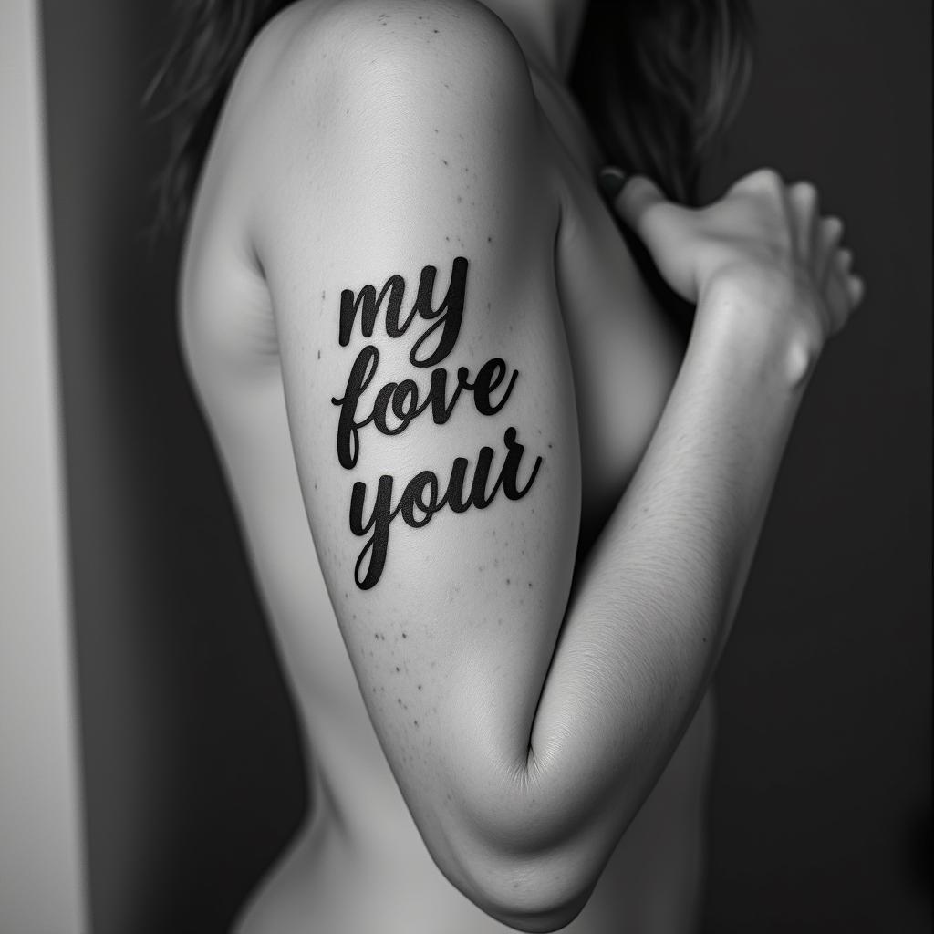 Words “my favorite personminimalist text-based tattoo, Monospace font ultra-realistic, perfectly placed, high-quality font design, photo-realistic shading, 8k, high quality, finely detailed typograph - Variation 4