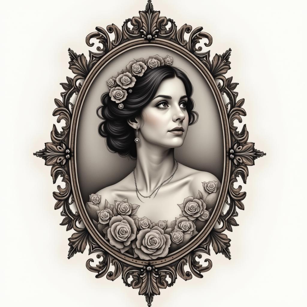 I want to remember the trials Ive overcome, sex abuse, emotional abuse, divorce, abandonment. I want to honor God for bringing me through this and blessing my with my children and grand daughter.in victorian style tattoo, featuring vintage and elegant elements, ornate frames, roses, antique, sepia-toned color scheme