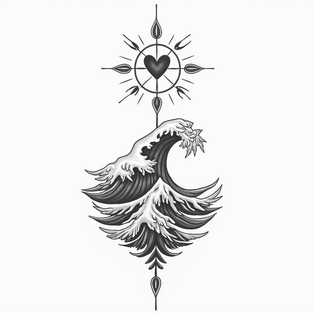 My story Joana Alves, Carneiro, 21-03-1989in Modest style tattoo, featuring soft, delicate line work with simple and meaningful symbols, gentle waves, a heart, evoking a sense of serenity and grace,