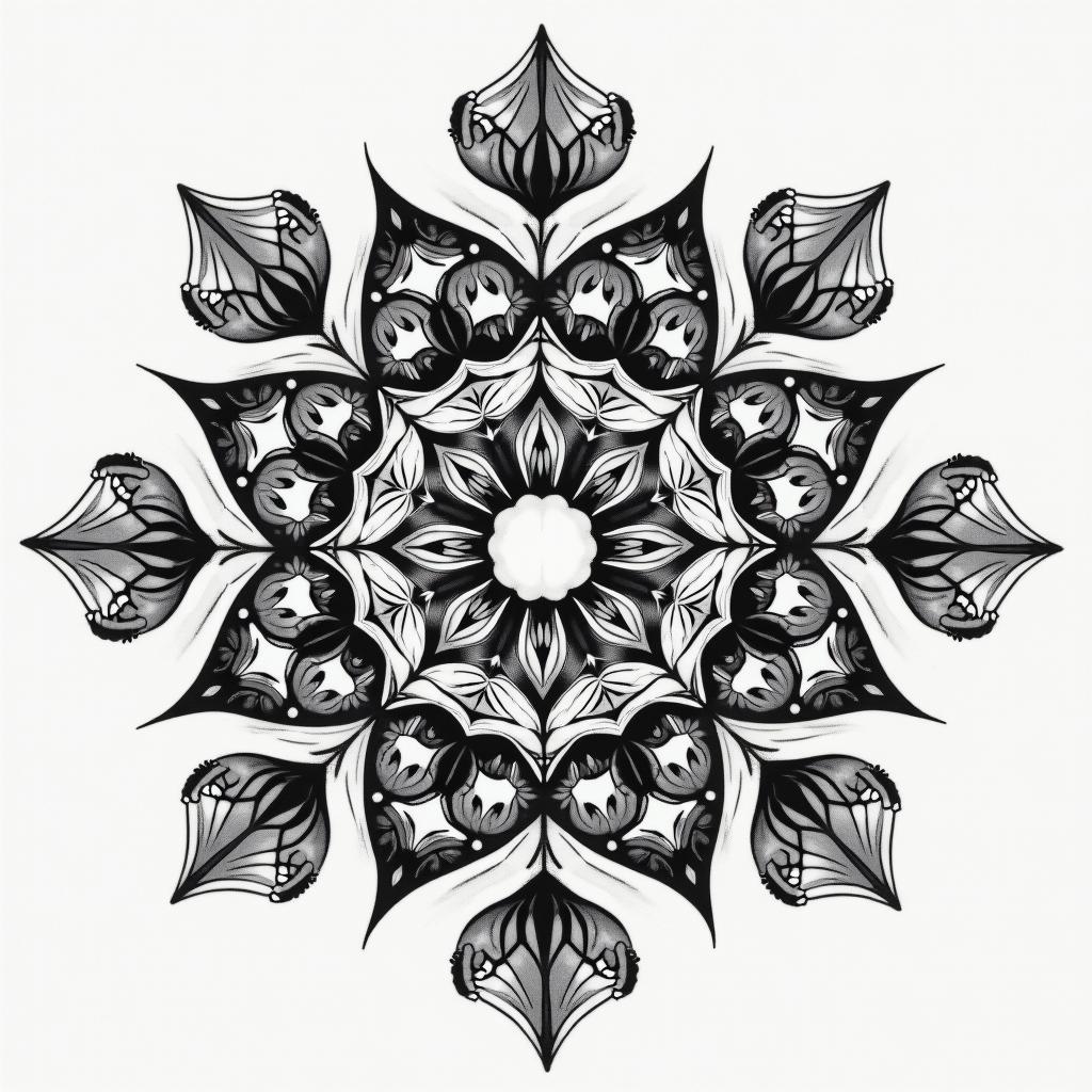 Cool pattern for chest in geometric style tattoo, blending hexagons, mandala-inspired patterns, symmetrical and fractal design, clean lines, sharp angles - Variation 2