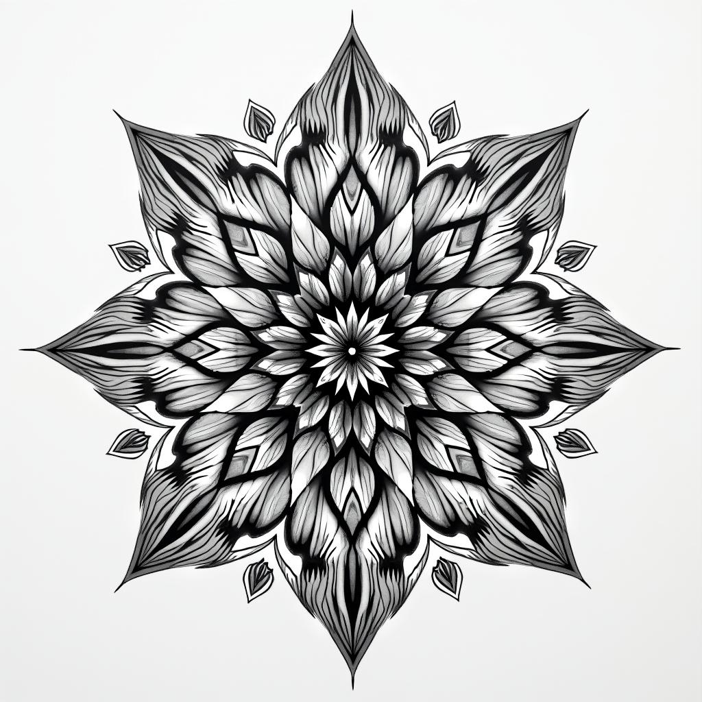 Cool pattern for chest in geometric style tattoo, blending hexagons, mandala-inspired patterns, symmetrical and fractal design, clean lines, sharp angles