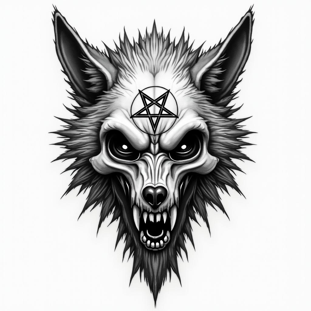 Wolf headcreepy horror tattoo style, featuring an eerie and unsettling skull of a demonic creature, distorted face with sharp fangs, add pentagram symbol - Variation 2