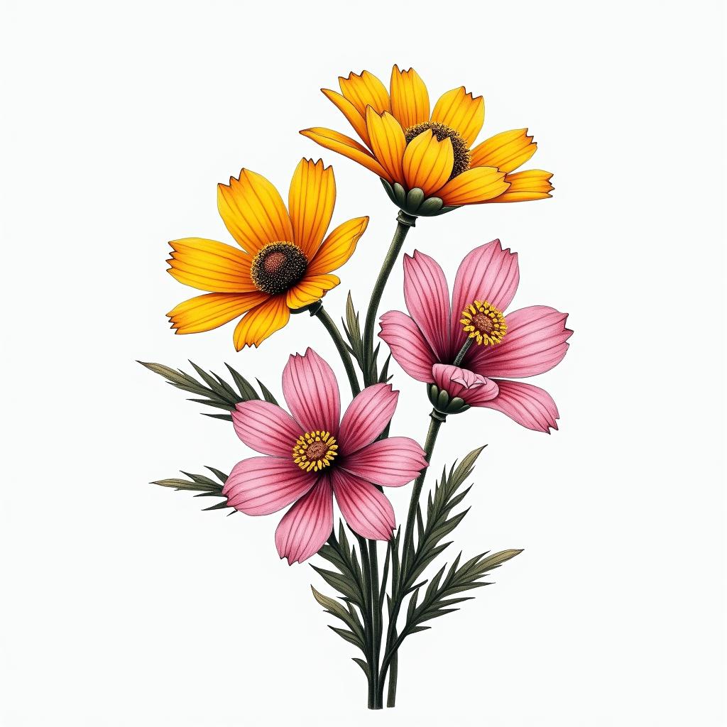 Bouquet of golden poppies, Rocky Mountain columbine, pink lady slippers orchidshigly detailed tattoo - Variation 2