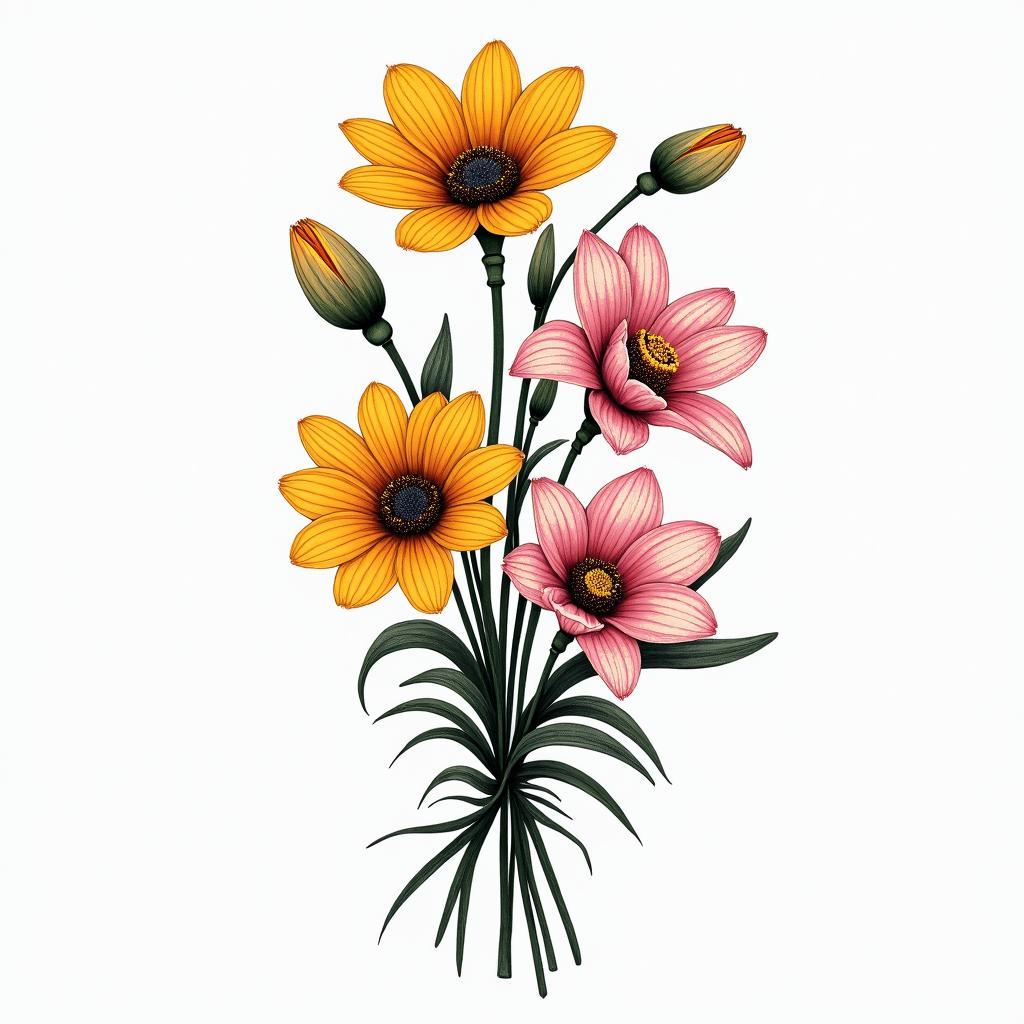 Bouquet of golden poppies, Rocky Mountain columbine, pink lady slippers orchidshigly detailed tattoo