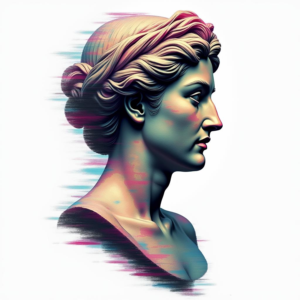 Momin distorted and fragmented tattoo design, featuring a classical statue bust, in a glitch art style with vibrant, overlapping colors of cyan, magenta, and yellow, creating a digital distortion effect - Variation 3