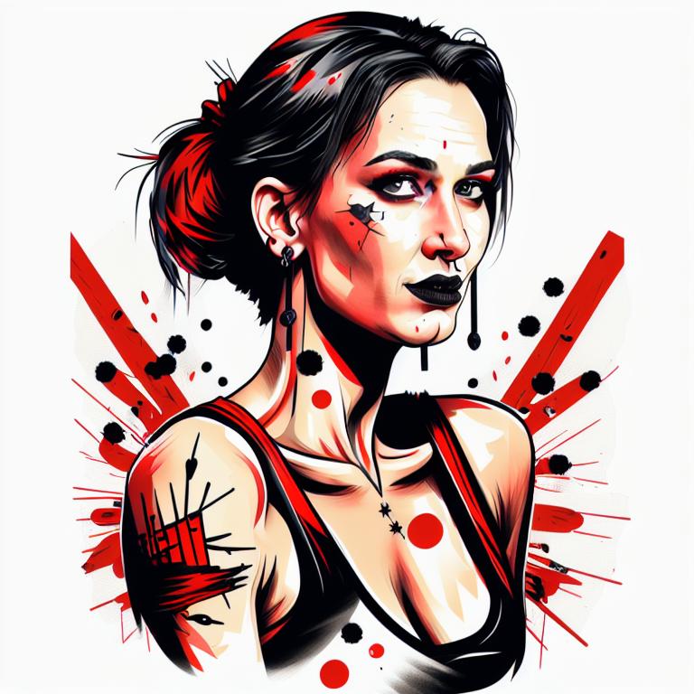 trash polka tattoo style, showcasing bold black and red ink with dynamic brush strokes and splatters. Incorporates abstract elements and expressive, chaotic lines on a solid white background. Detailed design with a high-contrast soft colored near white toned look, blending realism and abstraction to create an intense visual impactundefined - Variation 4