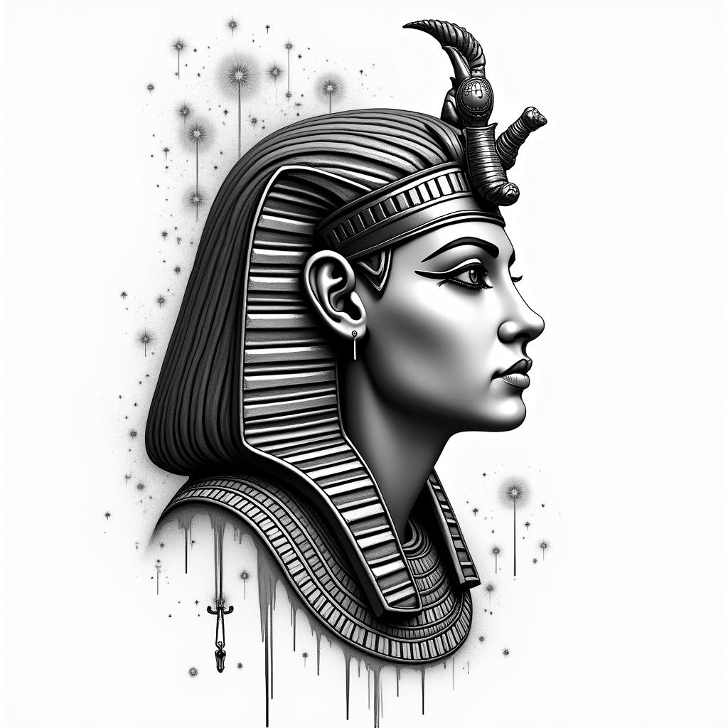 Yair,Aries, Mexicanoin egyptian style tattoo, bold elements of ancient egyptian culture including a portrait of an Egyptian pharaoh with detailed facial features, in hieroglyphs and symbolic imagery, eye of horus, ankh symbol, scarab beetle - Variation 2