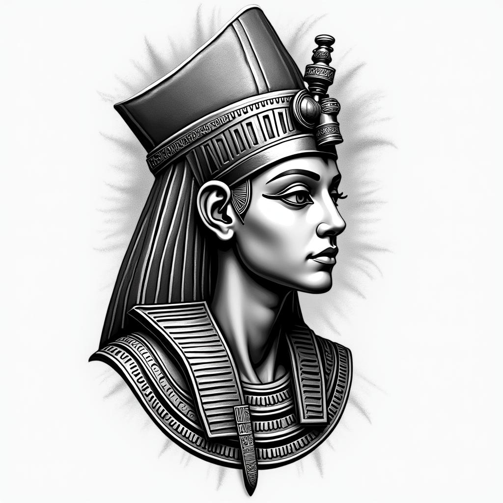 Yair,Aries, Mexicanoin egyptian style tattoo, bold elements of ancient egyptian culture including a portrait of an Egyptian pharaoh with detailed facial features, in hieroglyphs and symbolic imagery, eye of horus, ankh symbol, scarab beetle - Variation 3