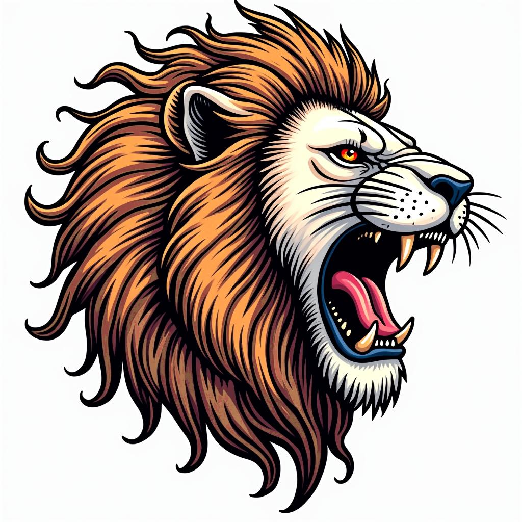 Roaring lion with a flowing manein pop art style tattoo, featuring bold and vibrant colors, exaggerated outlines, iconic imagery, inspired by comic books and speech bubbles, comic book characters, retro pop culture