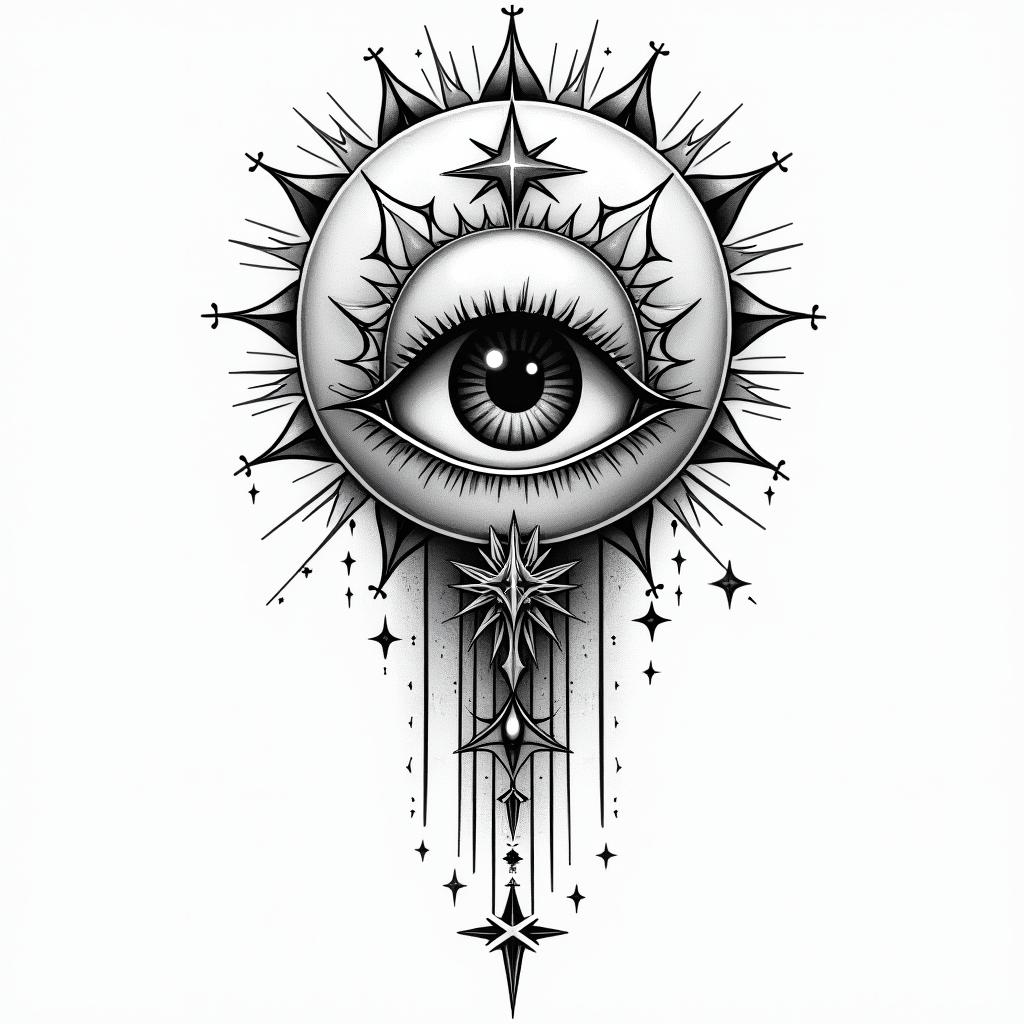 My kids name and birthday gift of lifein prophecy tattoo style, featuring mystical symbols, celestial imagery like stars, moons, suns, geometric patterns, foretelling elements, an eye of wisdom - Variation 2