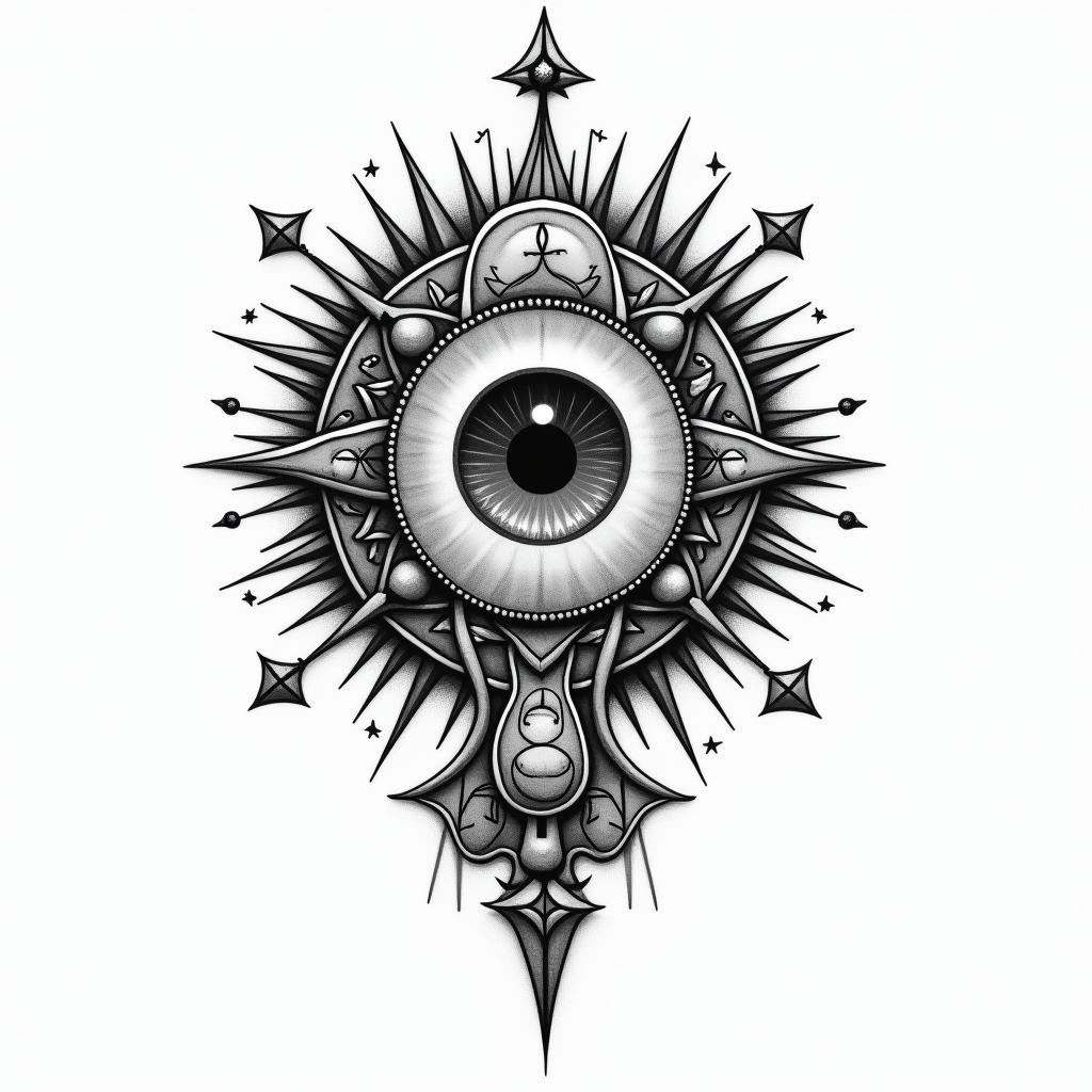 My kids name and birthday gift of lifein prophecy tattoo style, featuring mystical symbols, celestial imagery like stars, moons, suns, geometric patterns, foretelling elements, an eye of wisdom
