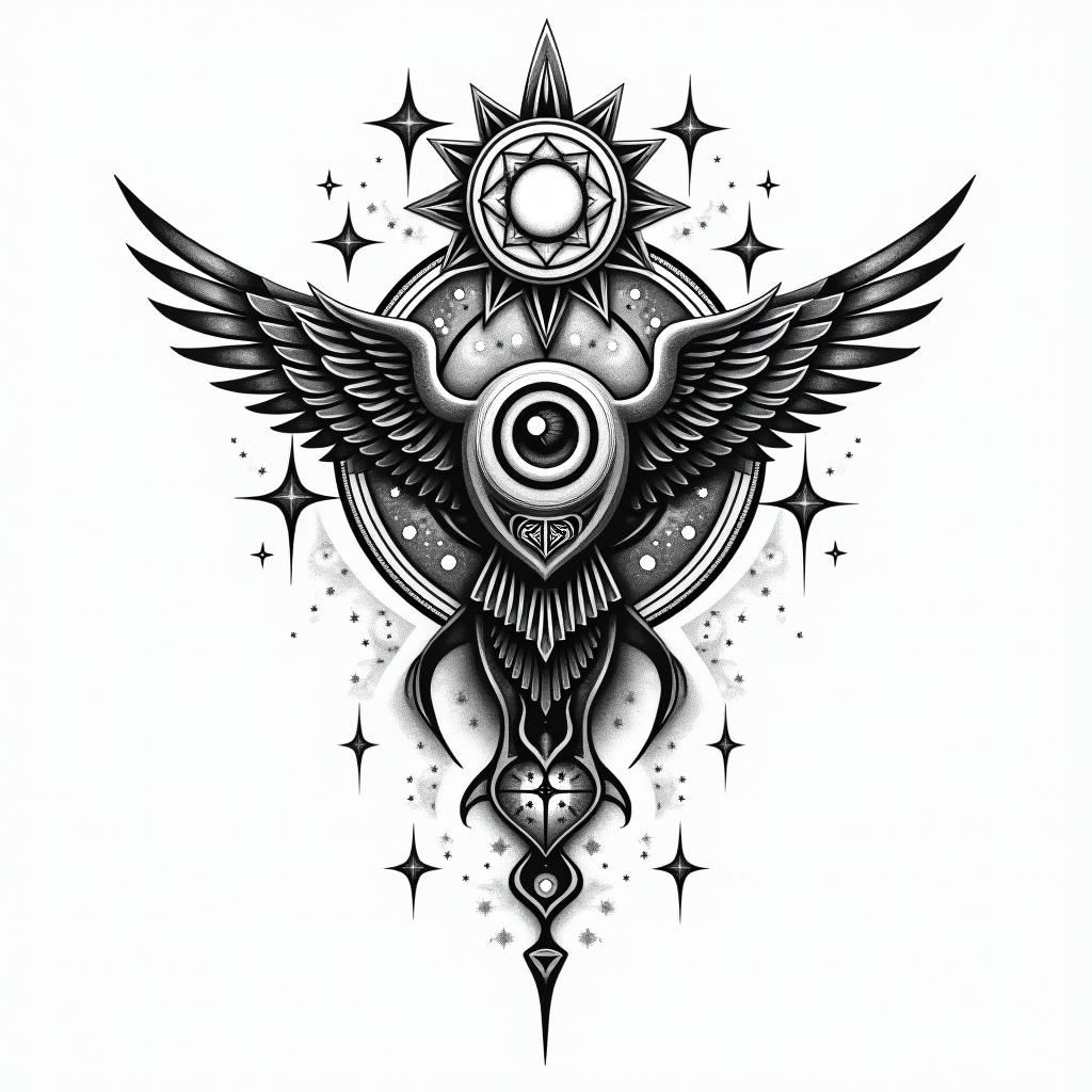 My kids name and birthday gift of lifein prophecy tattoo style, featuring mystical symbols, celestial imagery like stars, moons, suns, geometric patterns, foretelling elements, an eye of wisdom - Variation 3