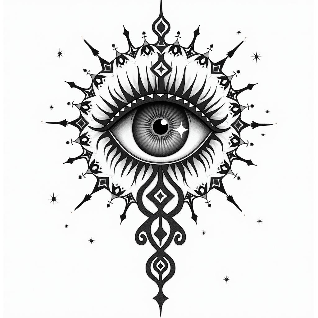 My kids name and birthday gift of lifein prophecy tattoo style, featuring mystical symbols, celestial imagery like stars, moons, suns, geometric patterns, foretelling elements, an eye of wisdom - Variation 4