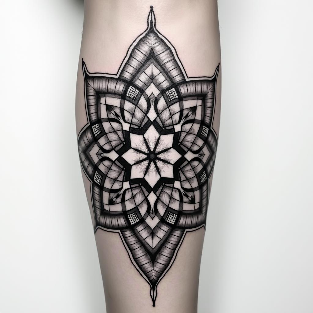 Shoulder time tattoo in geometric style tattoo, blending hexagons, mandala-inspired patterns, symmetrical and fractal design, clean lines, sharp angles - Variation 3
