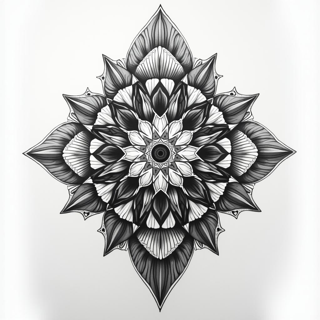 Shoulder time tattoo in geometric style tattoo, blending hexagons, mandala-inspired patterns, symmetrical and fractal design, clean lines, sharp angles