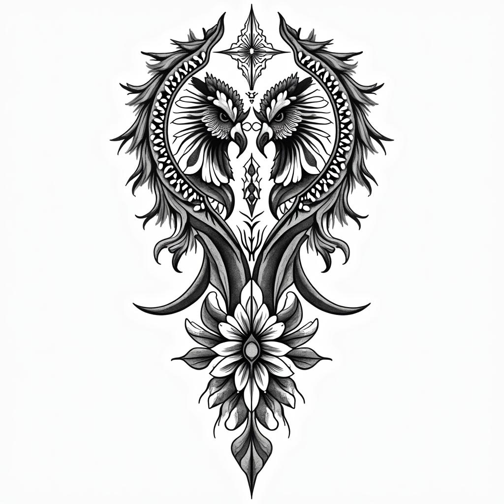 Gemini incorporating the names “Ariyah”, “Mikai” and “Akacius”in ornamental tattoo style, featuring intricate symmetrical patterns and floral designs, showcasing highly detailed line work and geometric shapes, creating a sense of elegance and balance - Variation 2