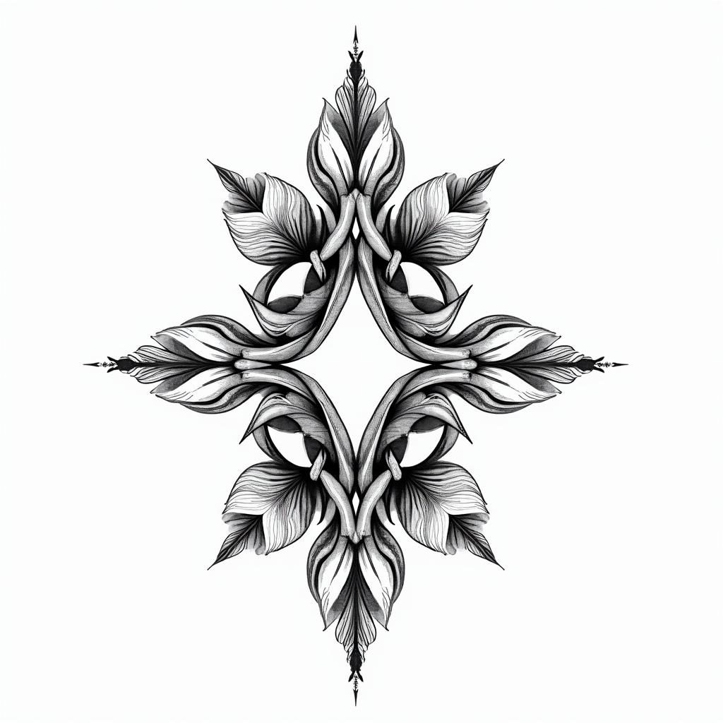 Gemini incorporating the names “Ariyah”, “Mikai” and “Akacius”in ornamental tattoo style, featuring intricate symmetrical patterns and floral designs, showcasing highly detailed line work and geometric shapes, creating a sense of elegance and balance