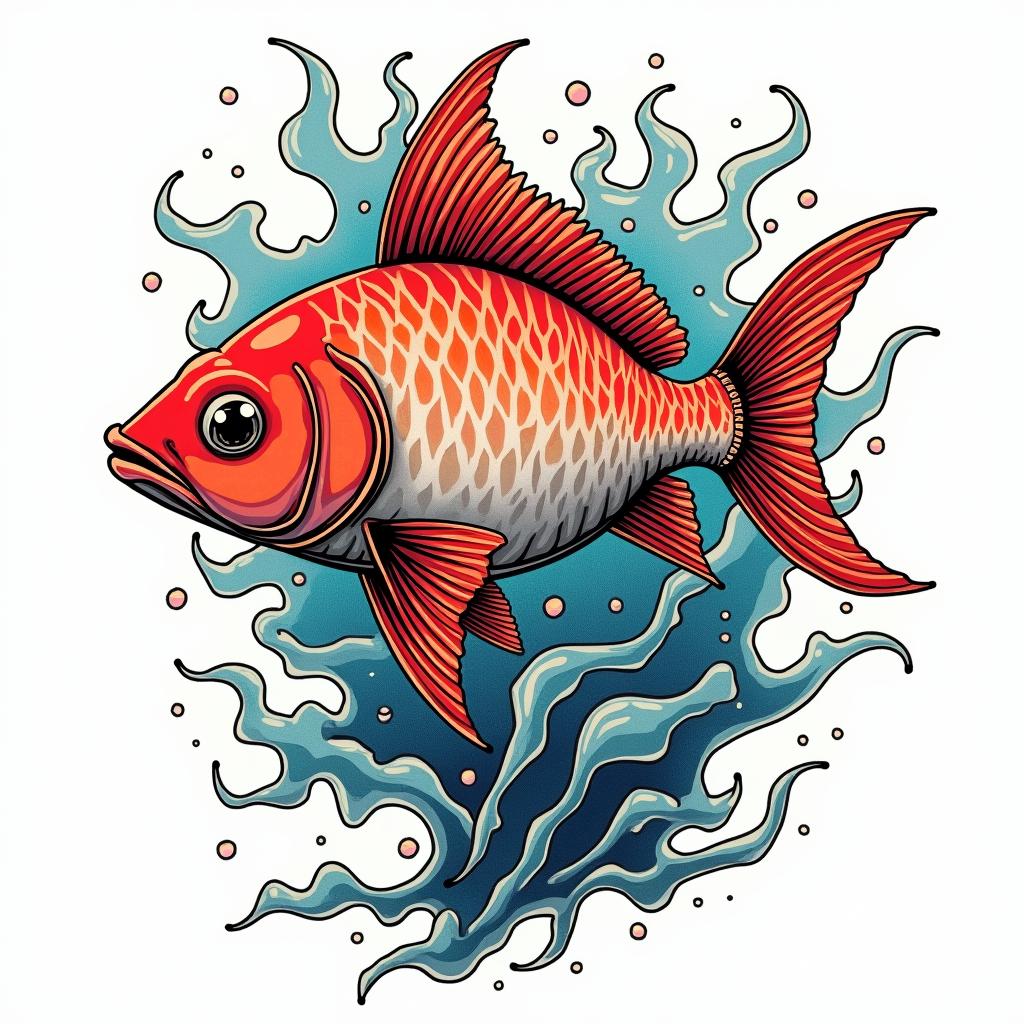 Fish of the seain pop art style tattoo, featuring bold and vibrant colors, exaggerated outlines, iconic imagery, inspired by comic books and speech bubbles, comic book characters, retro pop culture