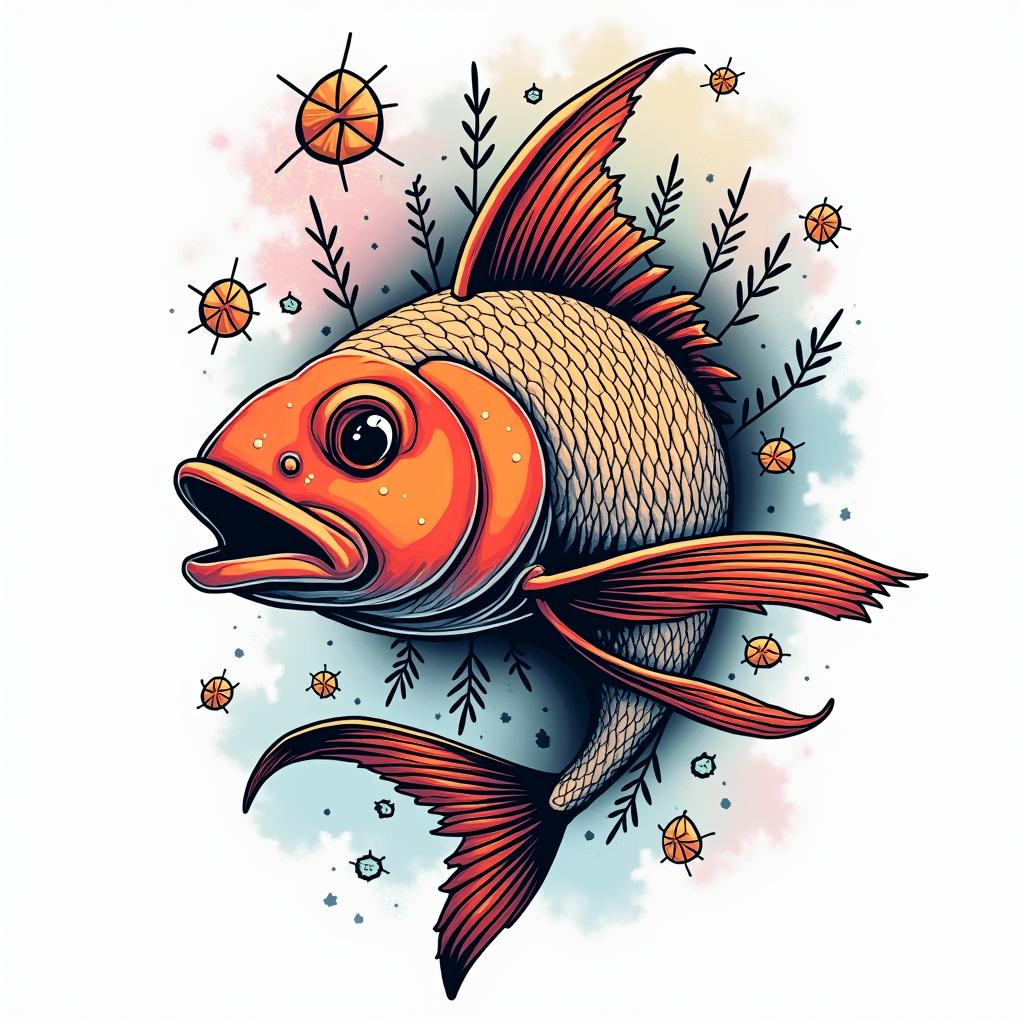 Fish of the seain pop art style tattoo, featuring bold and vibrant colors, exaggerated outlines, iconic imagery, inspired by comic books and speech bubbles, comic book characters, retro pop culture - Variation 4