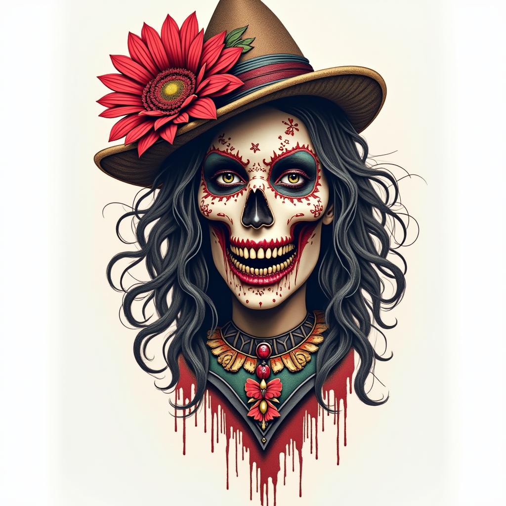 Horror, carnivalhigly detailed tattoo