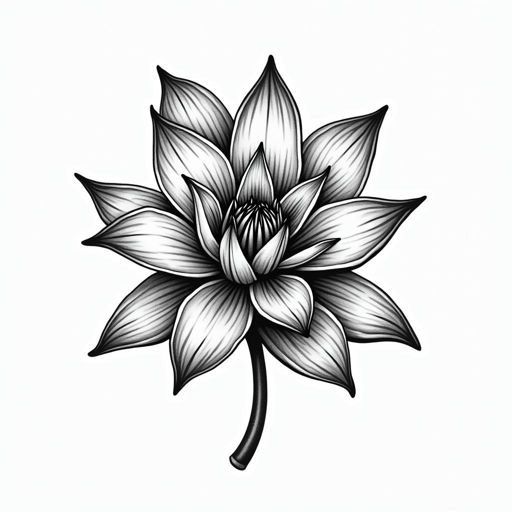 Water lilyin authentic tattoo style, incorporating traditional modifications, bold black outlines, solid color fills, featuring classic authentic elements