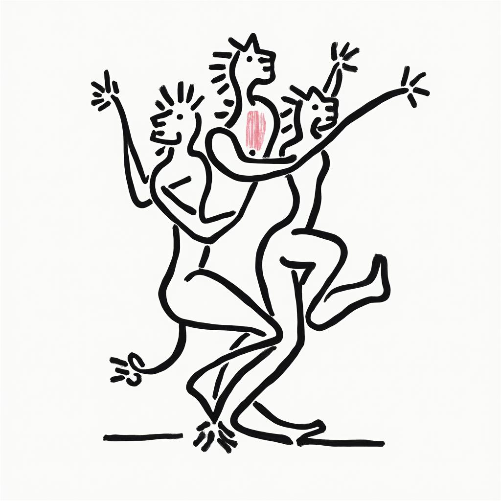 Lionabstract dancing figures in Keith Haring style, featuring bold black outlines and solid color fills, figures posed in dynamic and playful dance movements, minimalist design - Variation 3