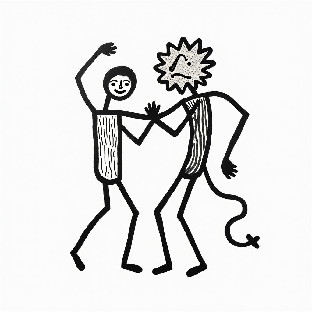 Lionabstract dancing figures in Keith Haring style, featuring bold black outlines and solid color fills, figures posed in dynamic and playful dance movements, minimalist design - Variation 2