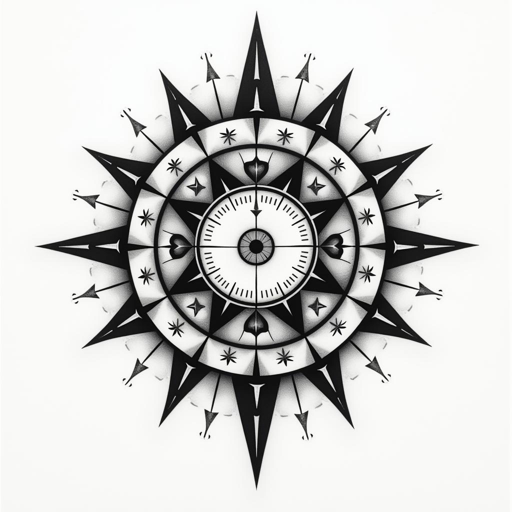 Back minimal about clock or timein prophecy tattoo style, featuring mystical symbols, celestial imagery like stars, moons, suns, geometric patterns, foretelling elements, an eye of wisdom - Variation 2
