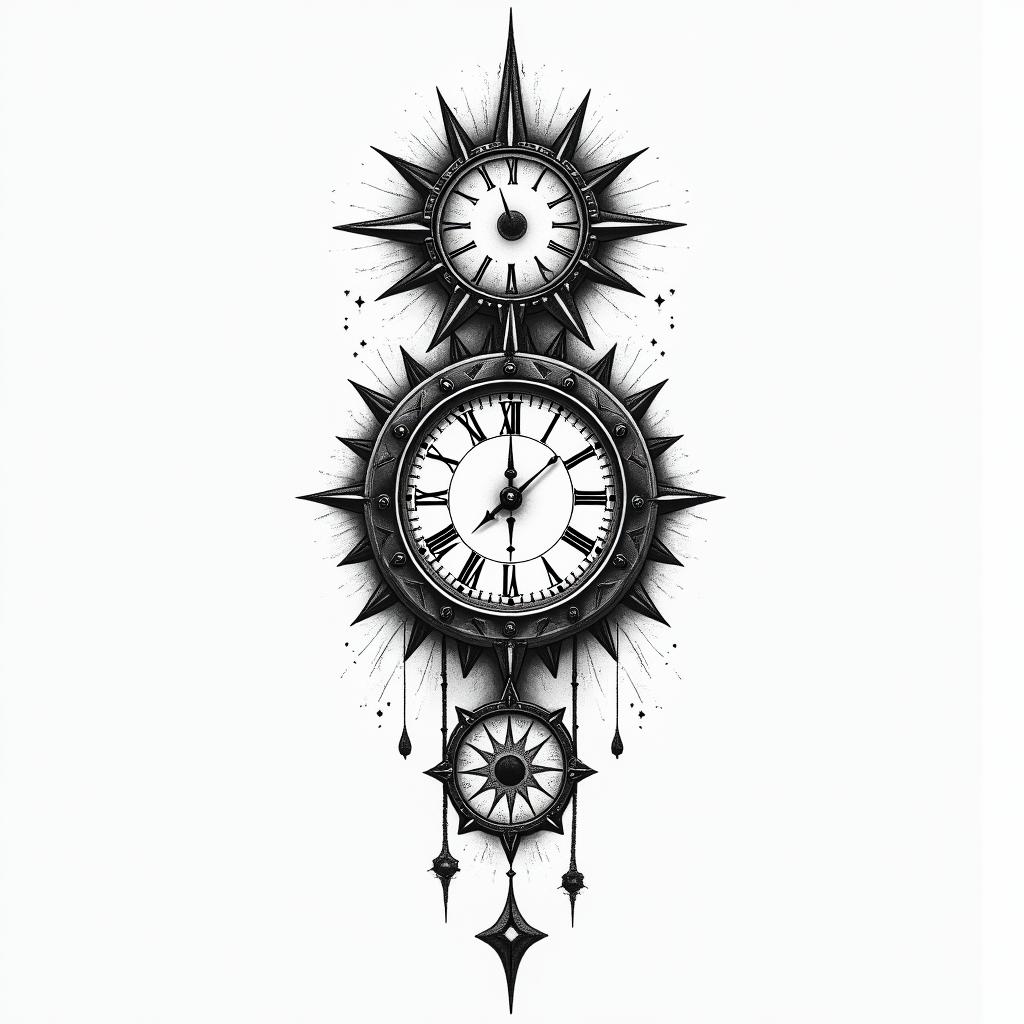 Back minimal about clock or timein prophecy tattoo style, featuring mystical symbols, celestial imagery like stars, moons, suns, geometric patterns, foretelling elements, an eye of wisdom