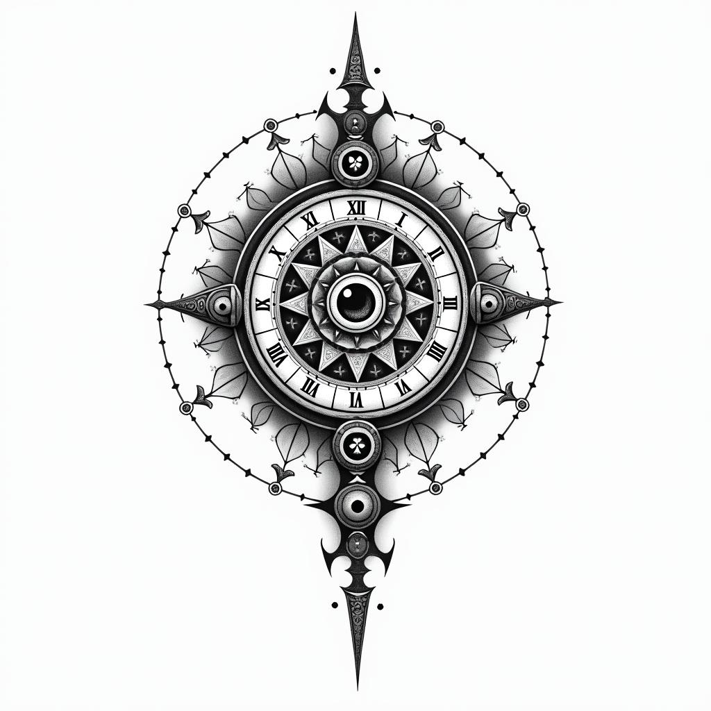 Back minimal about clock or timein prophecy tattoo style, featuring mystical symbols, celestial imagery like stars, moons, suns, geometric patterns, foretelling elements, an eye of wisdom - Variation 3