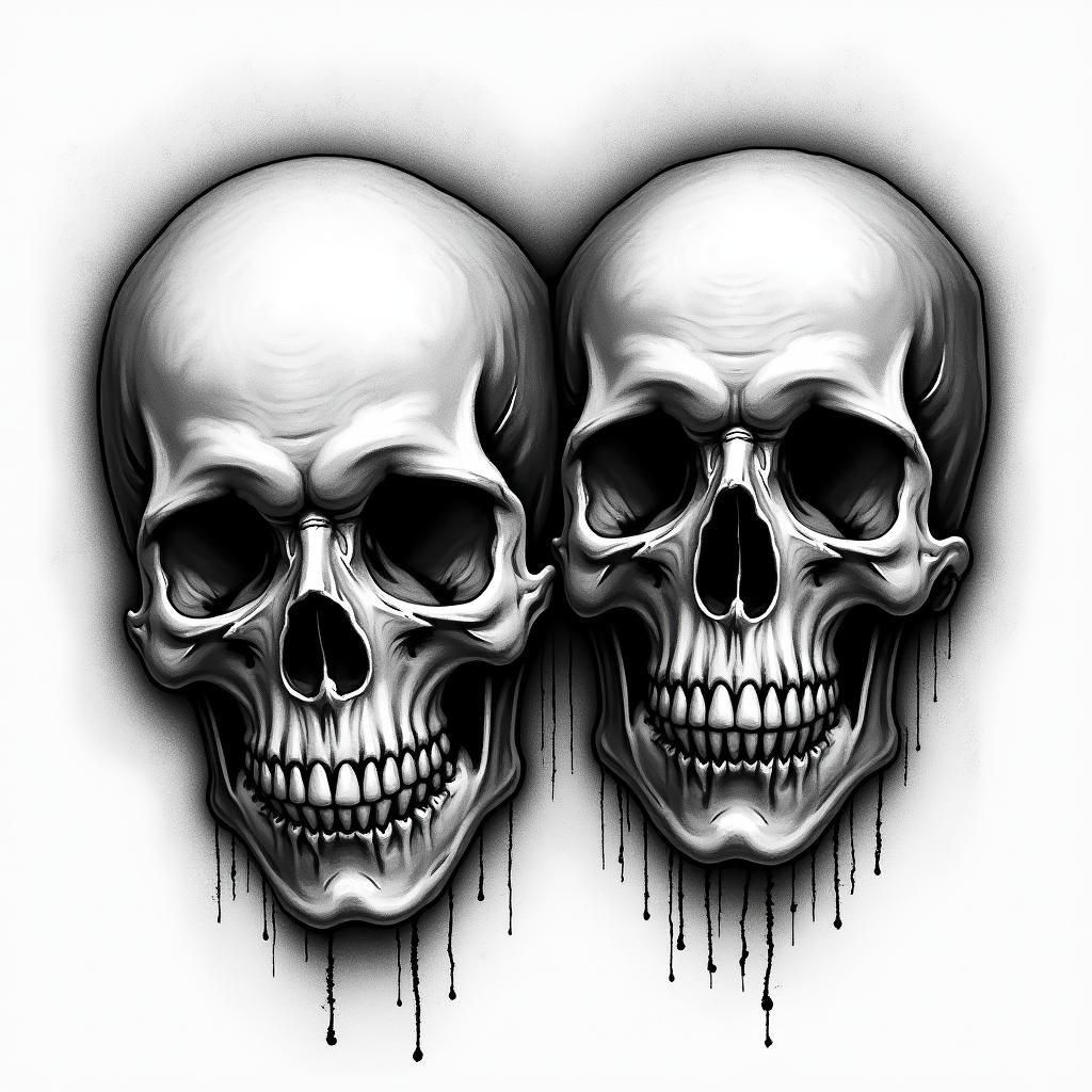 Siblings in horror tattoo style, showcasing haunting and unsettling, dark and gritty textures with skulls, eerie faces, jgged designs, bold and intense shading