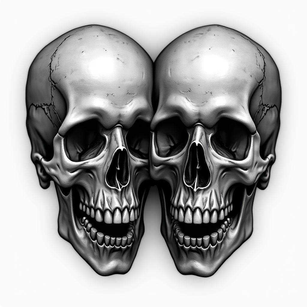 Siblings in horror tattoo style, showcasing haunting and unsettling, dark and gritty textures with skulls, eerie faces, jgged designs, bold and intense shading - Variation 2